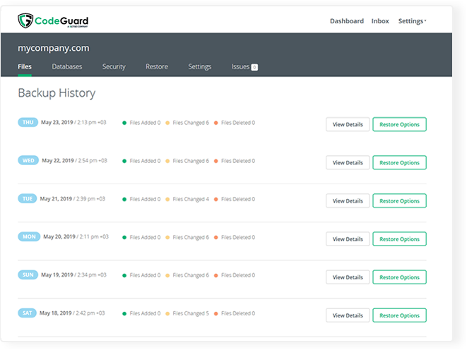 CodeGuard website backup dashboard