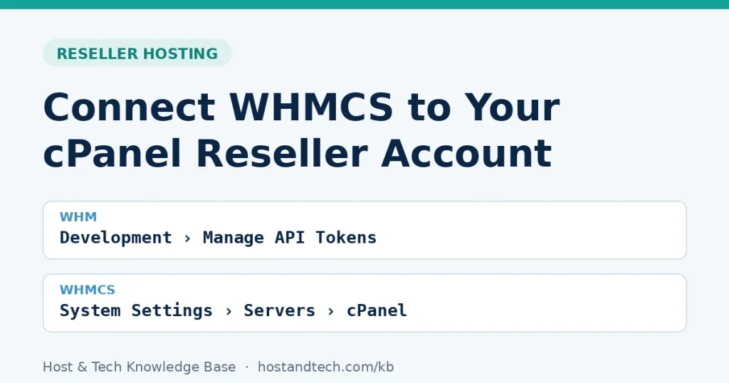 Title card: connect WHMCS to a cPanel reseller account using a WHM API token