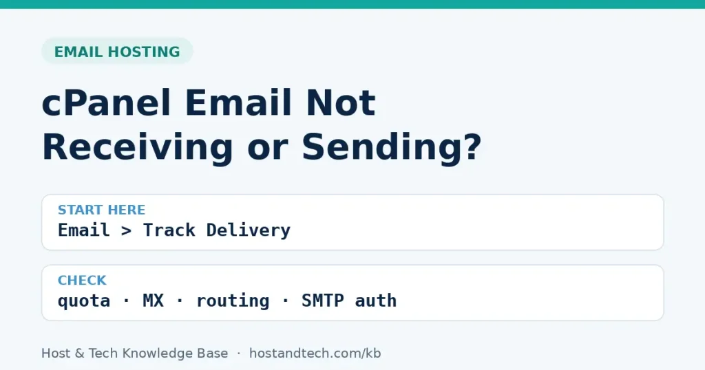 cPanel email not receiving or sending: start with Track Delivery, then check quota, MX, Email Routing and SMTP auth