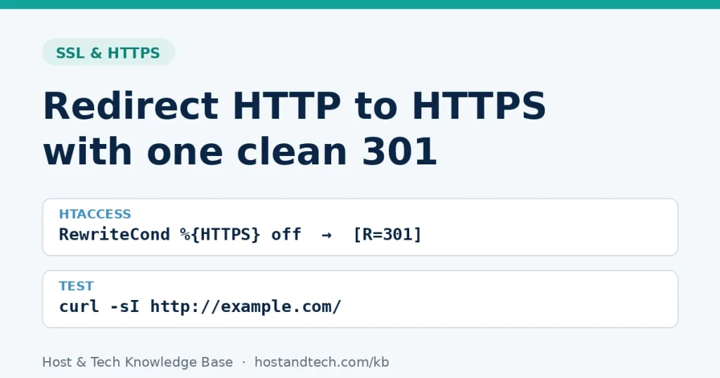 Title card: redirect HTTP to HTTPS with a single 301 using .htaccess and test it with curl