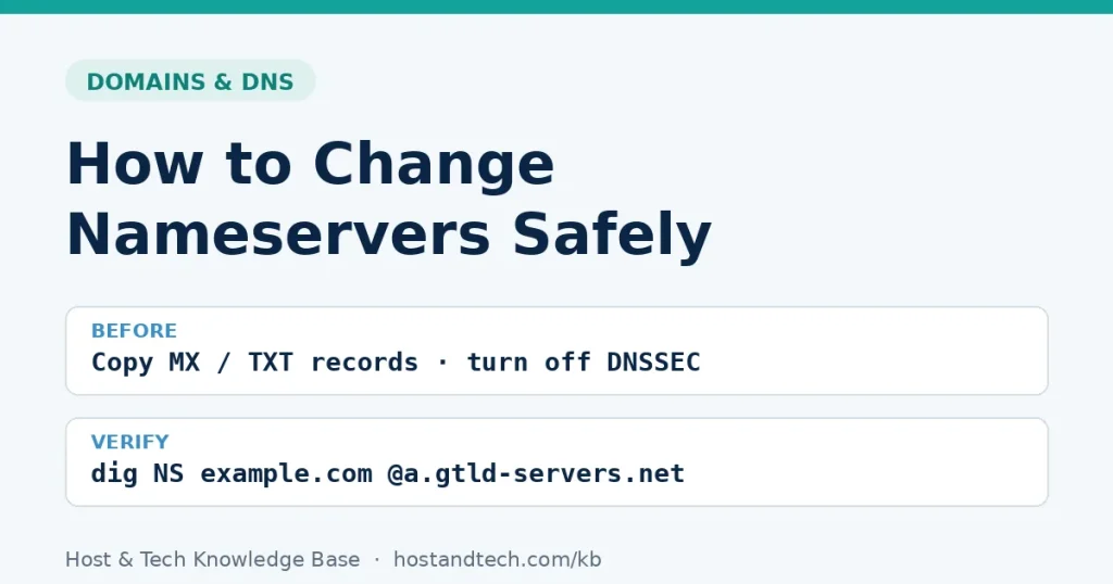 Title card: how to change nameservers safely by copying DNS records and checking with dig