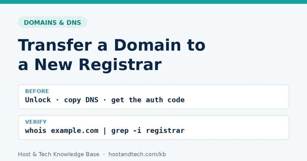 Title card: transfer a domain to a new registrar, unlock it, copy DNS and get the auth code