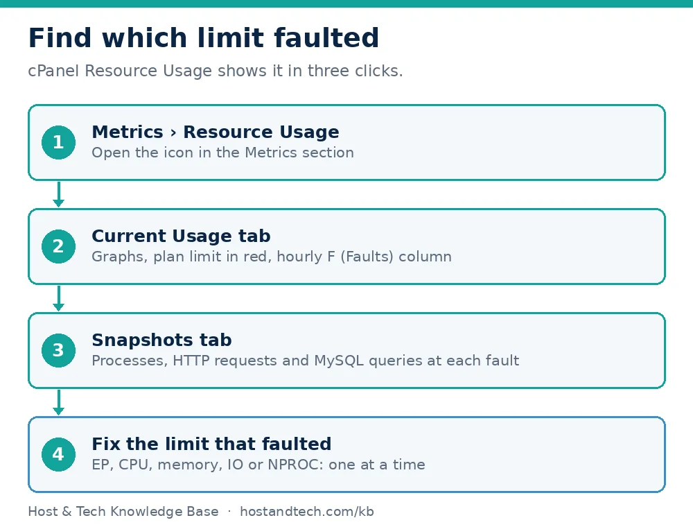 Diagram of the cPanel path Metrics, Resource Usage, then the Current Usage and Snapshots tabs