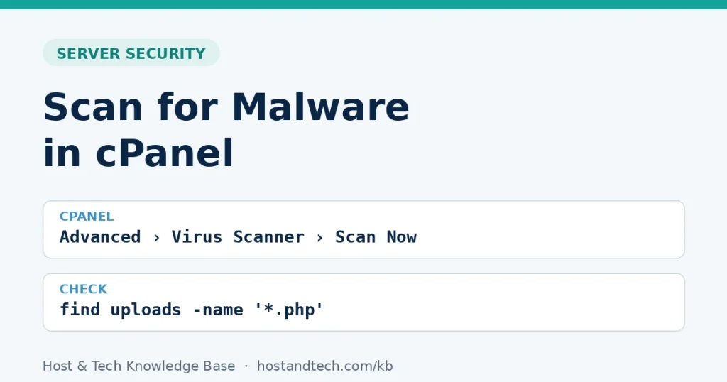 Title card: scan for malware in cPanel with Virus Scanner and a check for PHP files in uploads