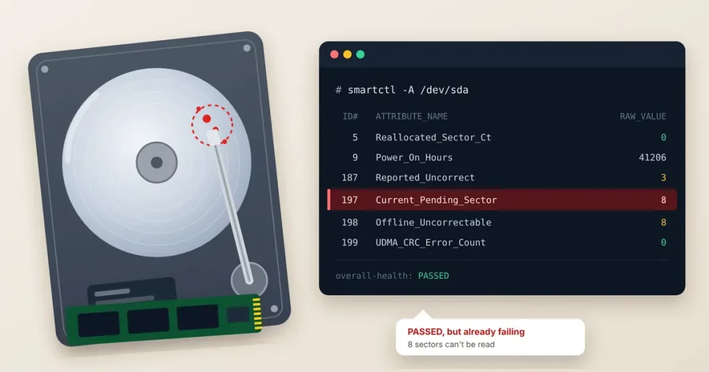 A hard drive with bad sectors marked on the platter next to smartctl output where Current_Pending_Sector shows 8 while the overall health still says PASSED