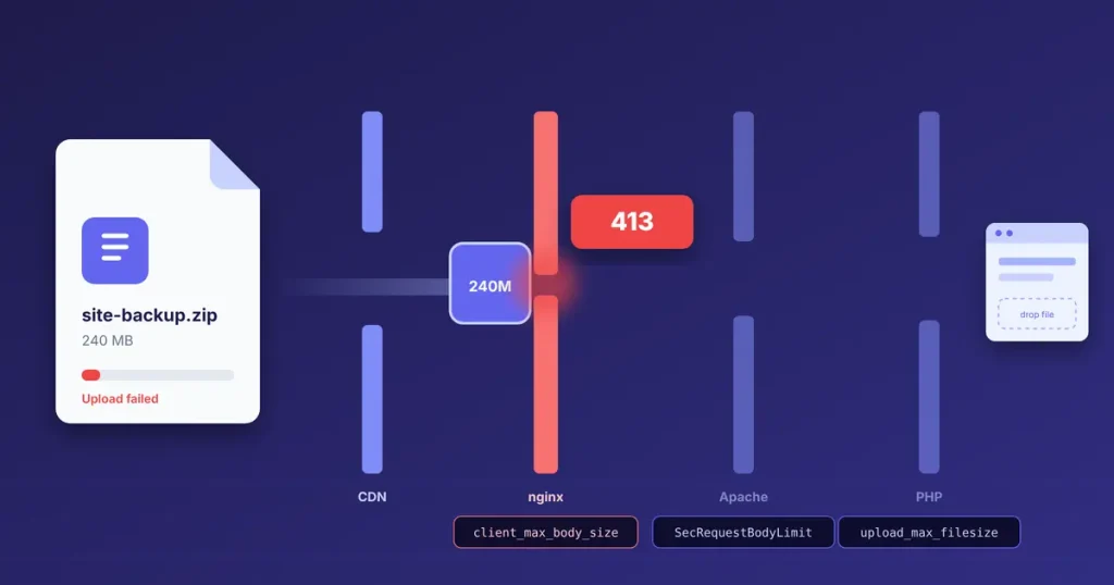 A 240 MB upload blocked at the nginx gate with a 413 error before it reaches Apache, PHP and the website